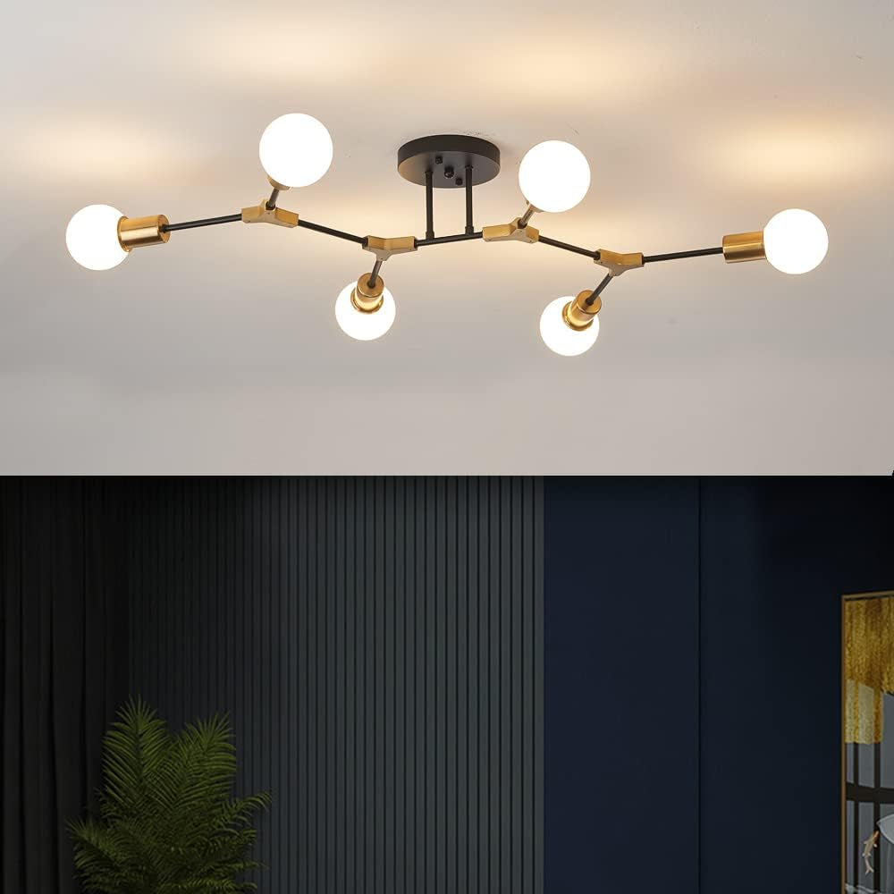 Contemporary Mid-Century 6-Light Semi Flush Mount Ceiling Fixture, Ideal for Living Rooms, Bedrooms, Dining Areas, Hallways, Kitchens, and Offices. Features a Minimalist Gold and Black Sputnik Chandelier Design.