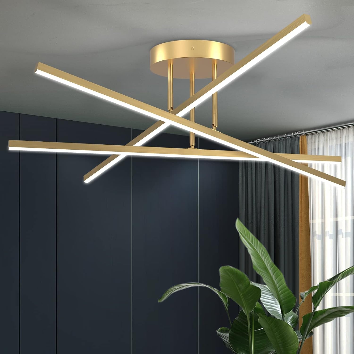 Gold LED Chandelier: Modern 3-Light Semi Flush Mount Ceiling Fixture for Kitchen, Dining Room, Foyer, and Bedroom - 23.82", 18W.